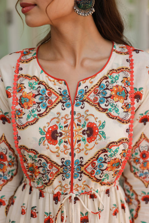 White Printed Fit & Flare Ethnic Dress
